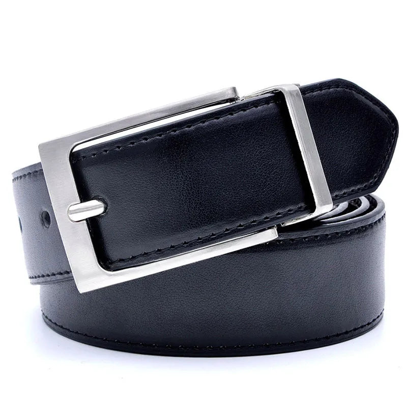 Men's dark brown and black genuine leather belt with a silver rotating pin buckle laid flat.