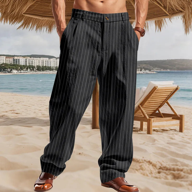 Men's linen striped high waist wide leg loose trousers in light khaki with button fly