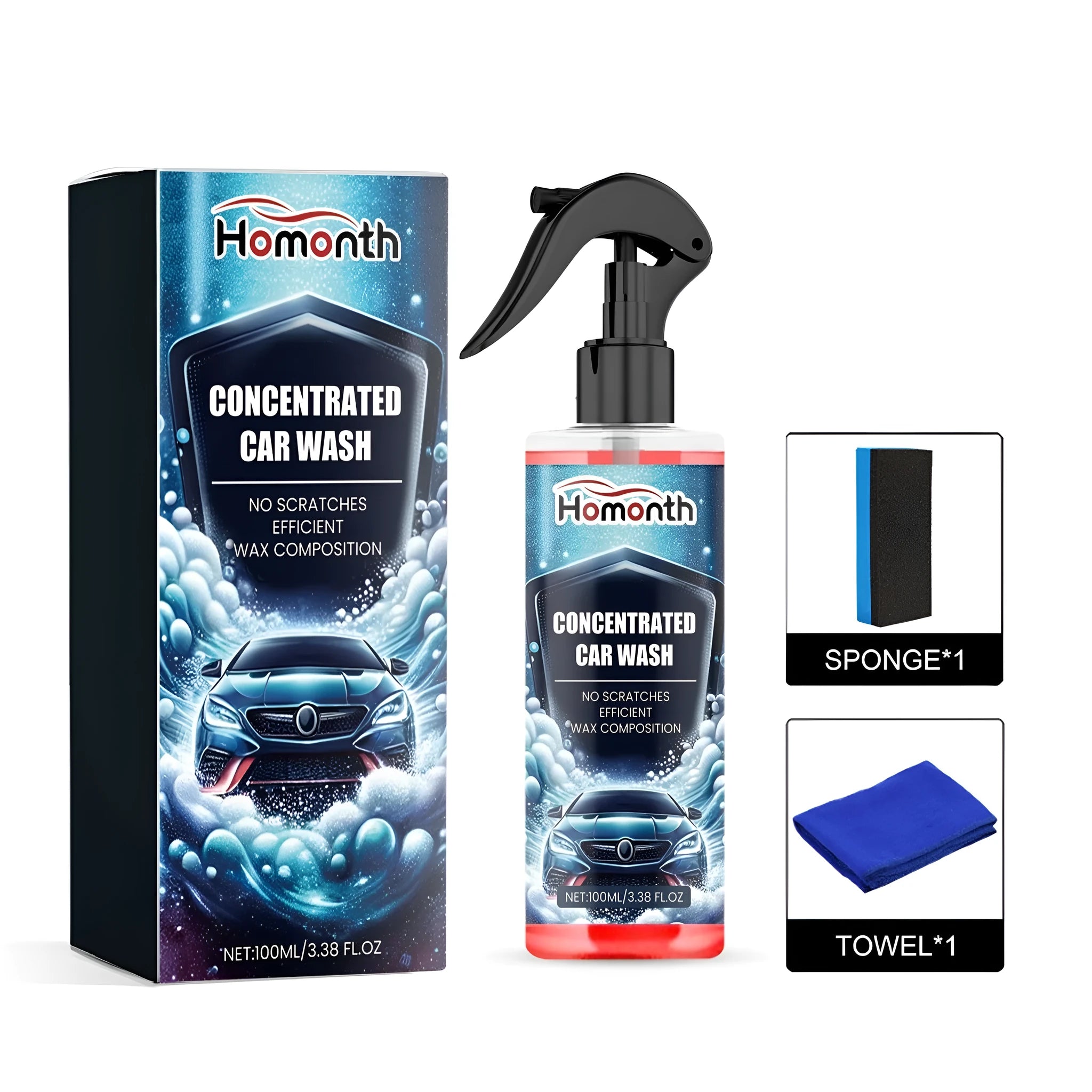 Car exterior cleaner kit with bottle, sponge and microfibre cloth for vehicle cleaning