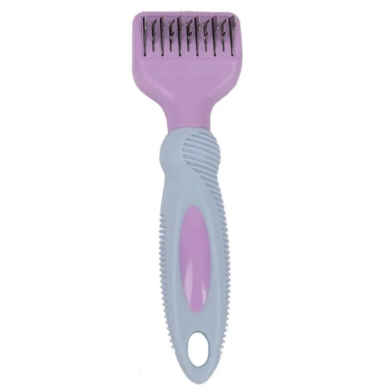 Pink stainless steel dog comb with knot knife blade and massage brush for pet grooming