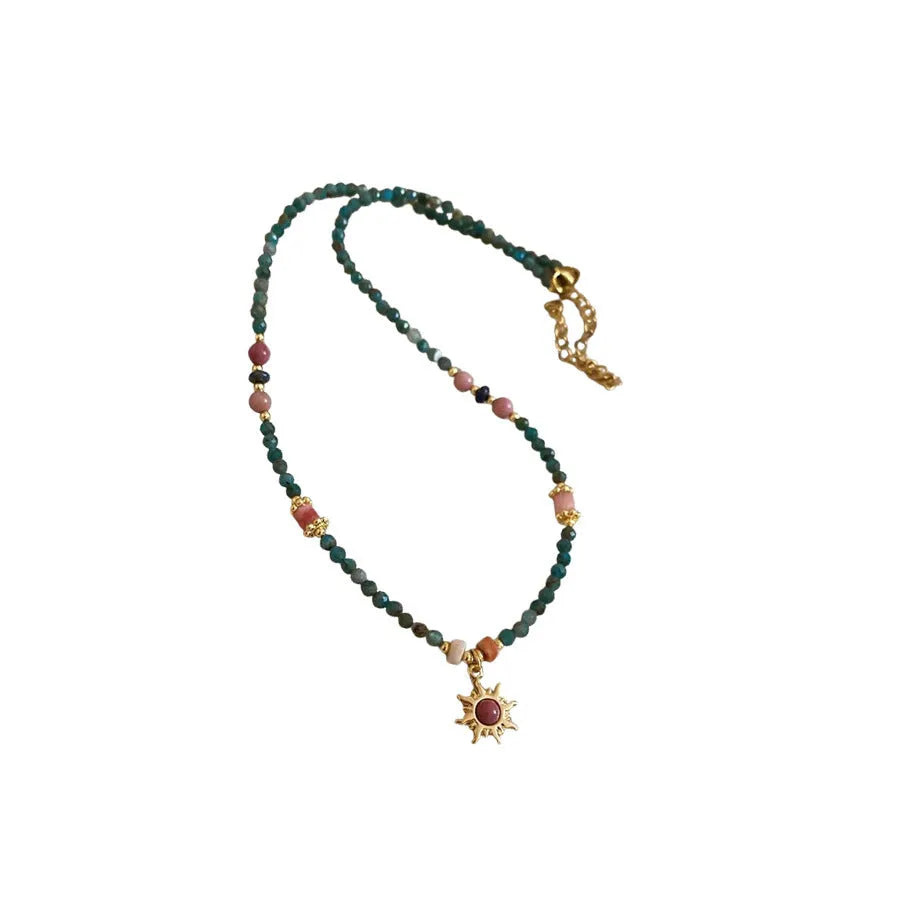Freshwater pearl sun necklace with geometric pendant in French royal court style, blue and gold-blue-pink electroplated finishes