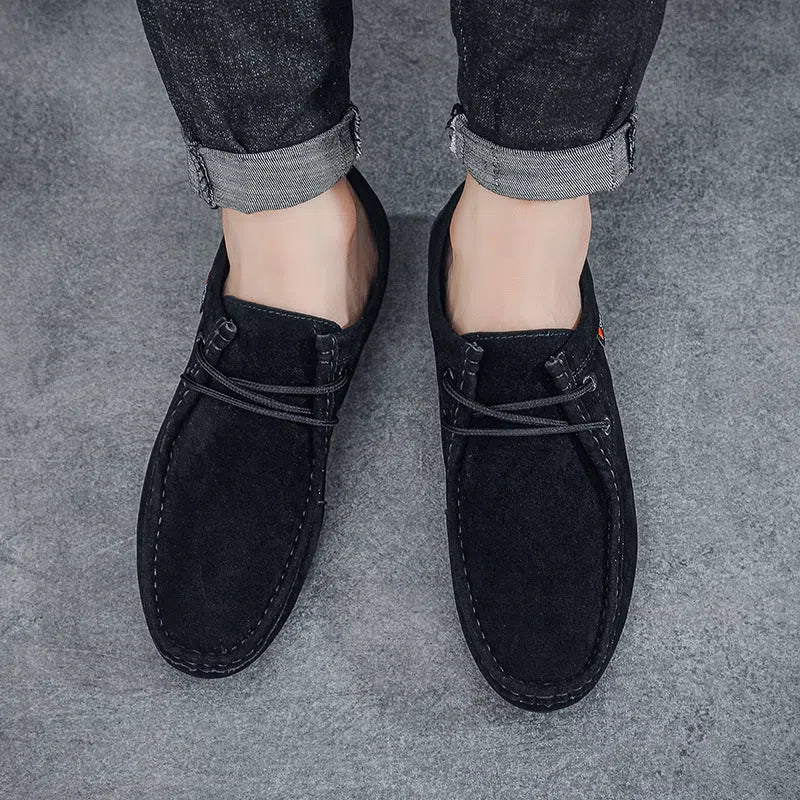 Men's brown casual slip-on loafers with suede finish, round toe, low heel, non-slip plastic sole