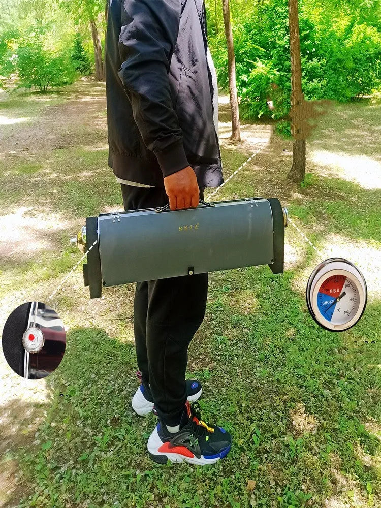Silver portable vacuum tube grill with 1.5L capacity, 620mm tube, 49x35cm reflector, for outdoor smokeless cooking.