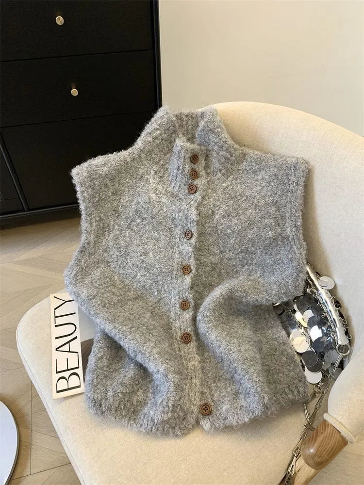 Women's solid colour high-neck sleeveless knitted vest in oatmeal, lamb wool and chenille fabric, Korean-style cardigan