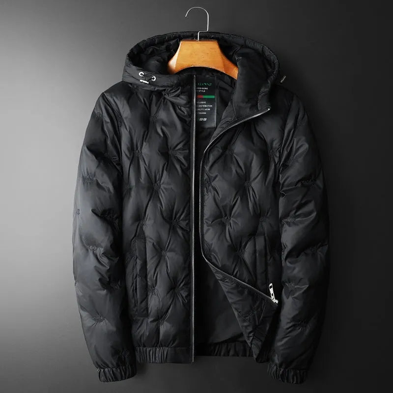 Men's plus size hooded down jacket in black with embroidered detail, winter casual Korean style coat for larger builds