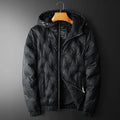 Men's plus size hooded down jacket in black with embroidered detail, winter casual Korean style coat for larger builds