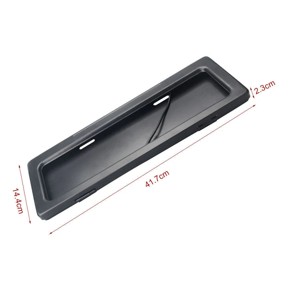 Set of two black iron license plate frames for Australian standard electric vehicle plates, pack dimensions 42.5x16x6cm