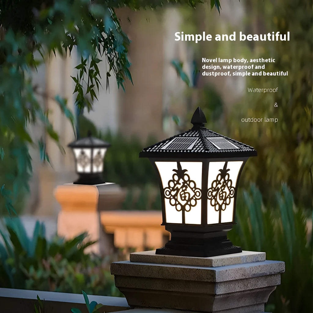 Black small size solar pillar lamp with flower shape, IP65 rated, 12W outdoor garden light
