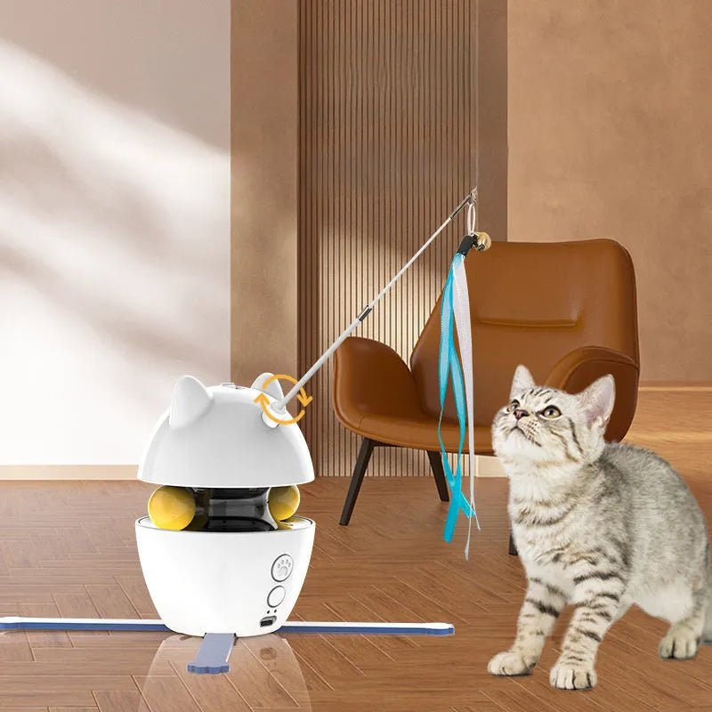 White automatic rotating electronic cat toy with elastic rope funny stick for indoor cats