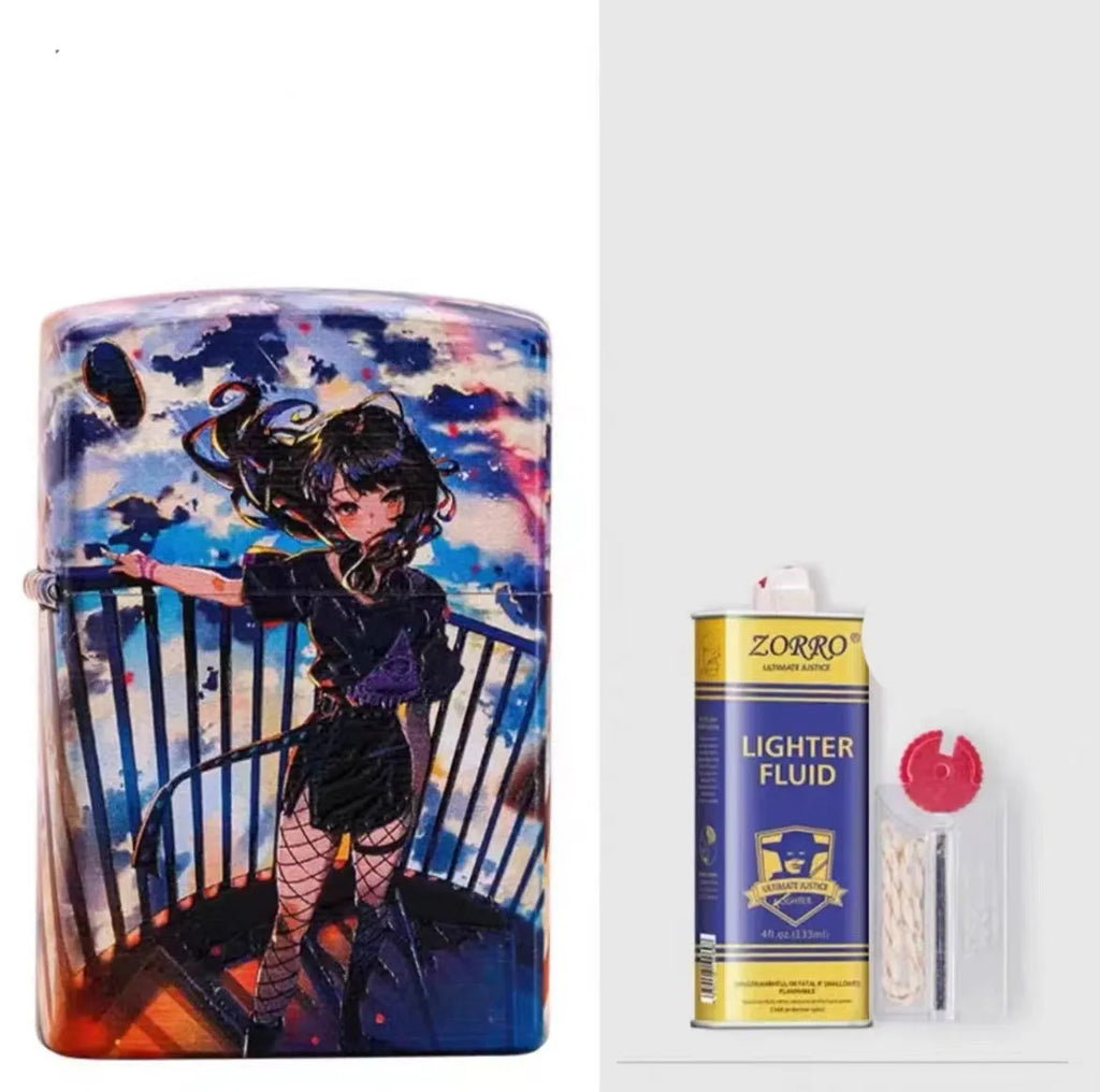 Windproof metal kerosene lighter with pure copper case and grinding wheel flint mechanism.