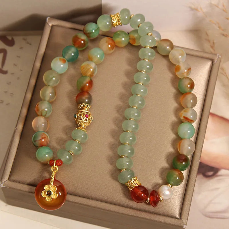 Peacock green agate double ring bracelet for women with alloy safety buckle and rhinestone decoration