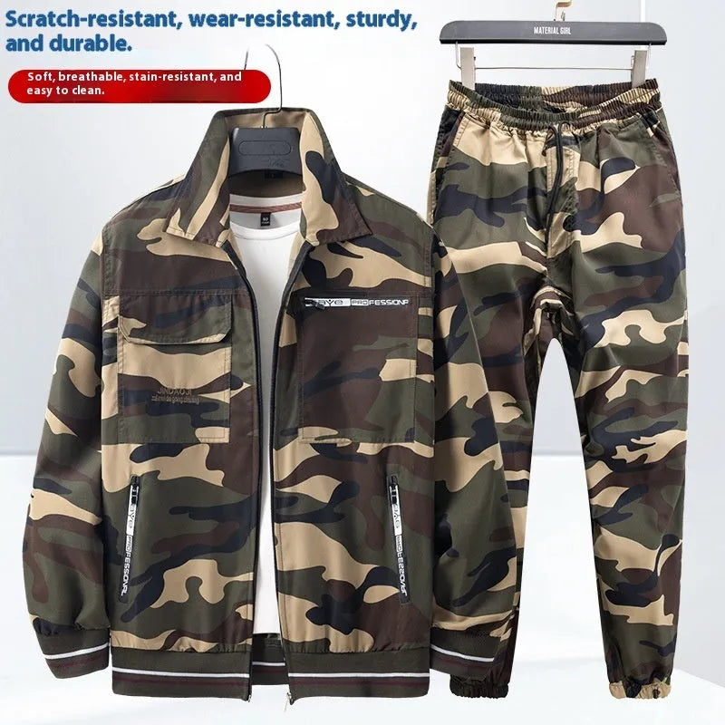 Men's camouflage cargo pants suit in Army Green with top and pants, lightweight polyester workwear