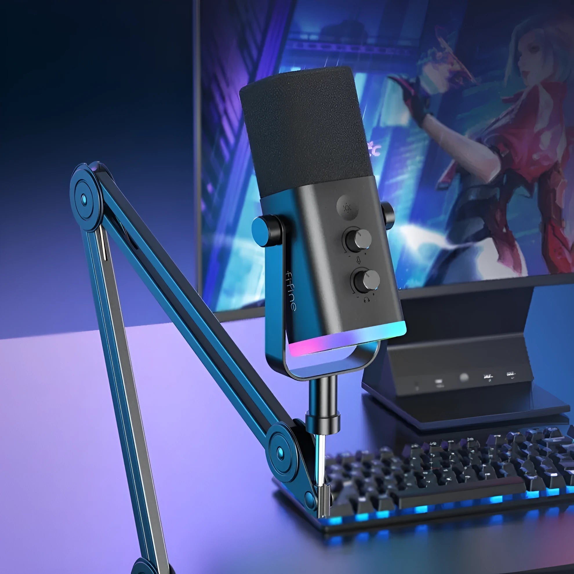 Dynamic noise reduction microphone in black with adjustable desktop base and XLR cable