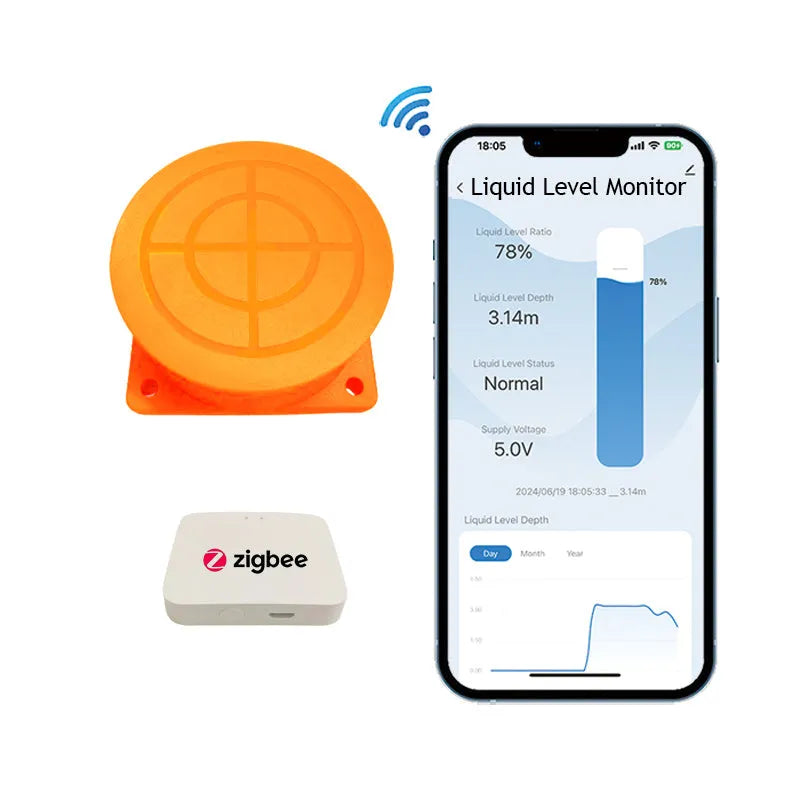 Moray ME201W wireless fluid level sensor with white PC plastic housing and connected power supply for remote tank monitoring.