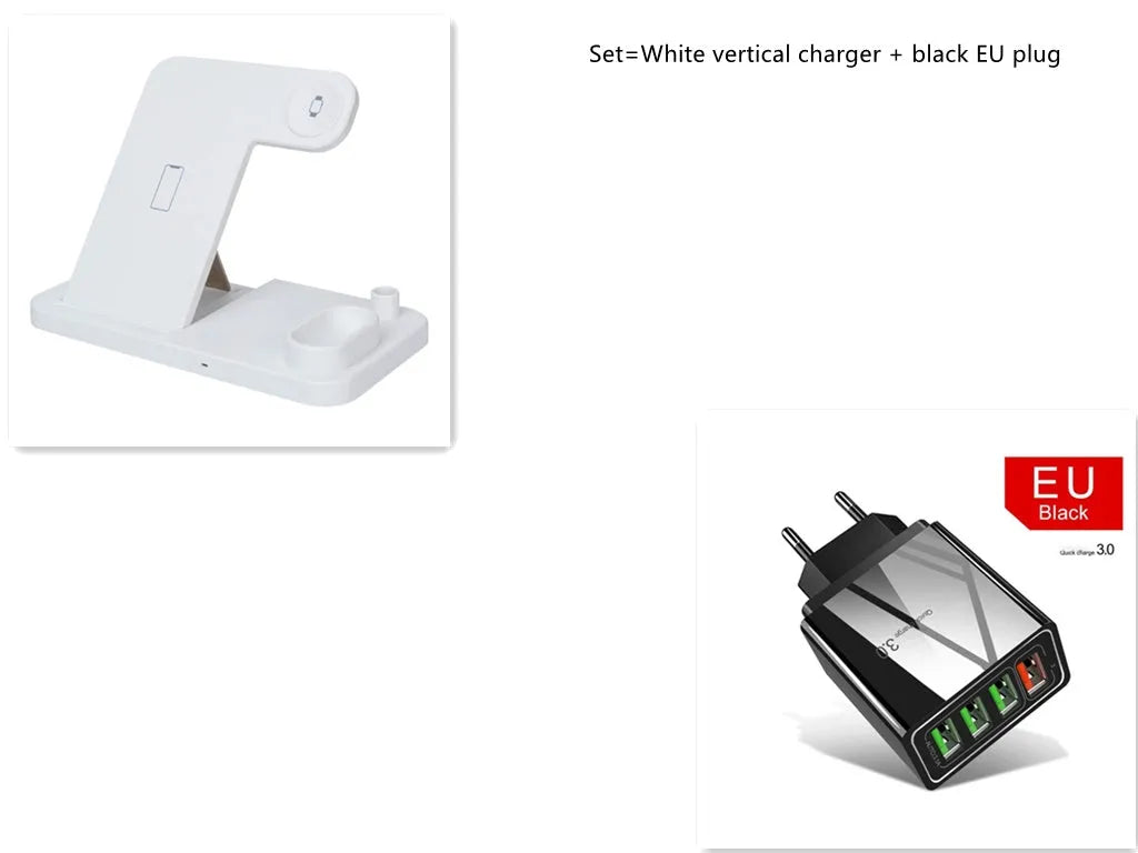 A white 4-in-1 wireless charging station with an iPhone, Apple Watch, and AirPods charging on its adjustable, foldable stand.
