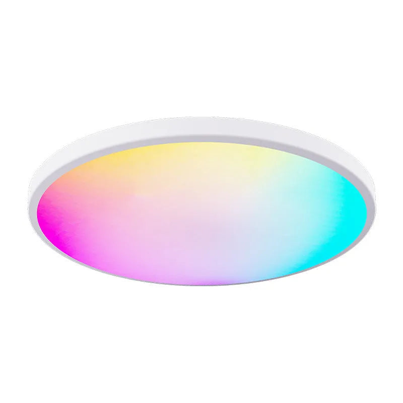 Black RGBCW Bluetooth smart ceiling lamp with round shape and remote control on a white background.
