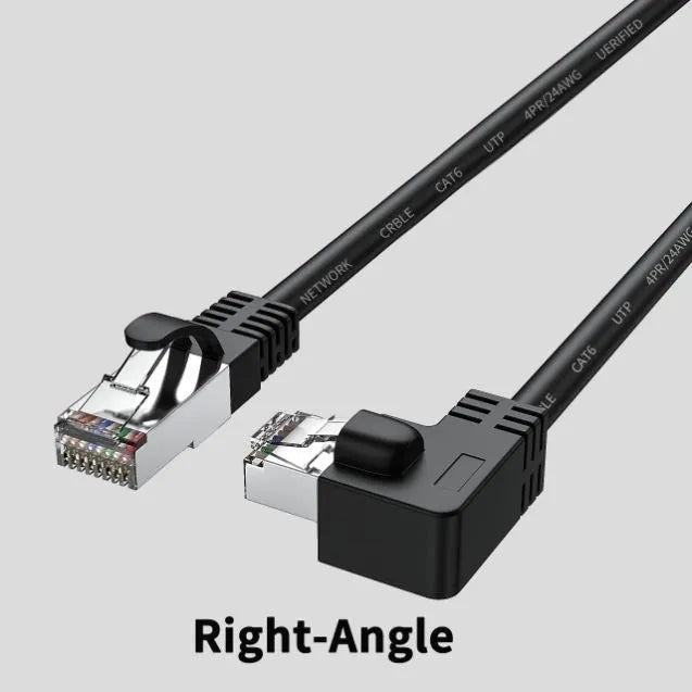 Coloured Cat6 Ethernet cable with a right-angled metal RJ45 connector plug in a choice of four orientations.