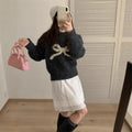 Women's loose round neck bowknot sweater in cashmere blend, raglan sleeve pullover, free size, available in apricot