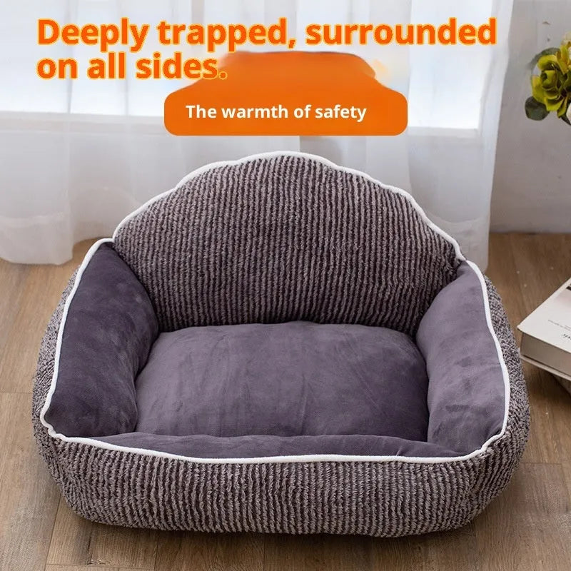 Short plush pet sofa in large 60x50cm size with striped backrest for cats