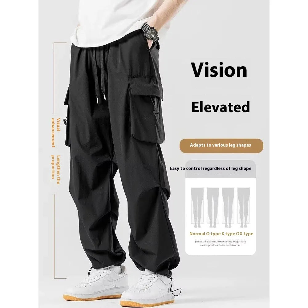 Men's loose straight cargo pants in black with wide-leg cut and drawstring waist