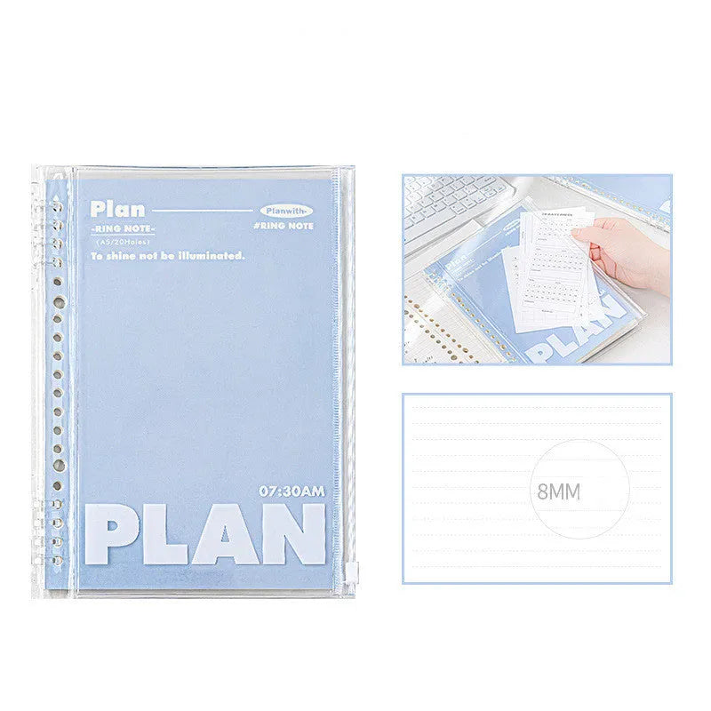 A5 PVC spiral notebook cover in blue or white transparent finish, dimensions 148mm by 210mm