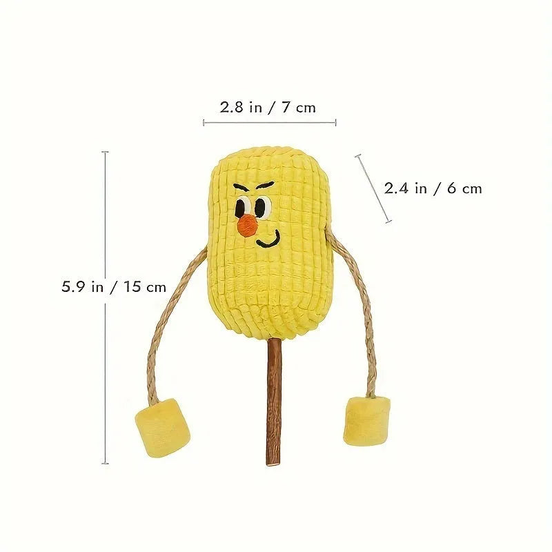 Natural corn cob and wood cat chew toy with catnip for dental hygiene, shown with dimensions 7cm by 6cm by 15cm.