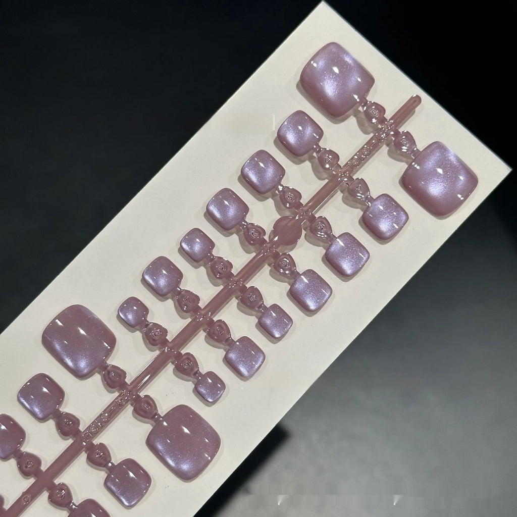 Purple cat's eye toenail wear set, 24 pieces, micro glass bead crystal finish, S M L sizes, ultra-thin seamless