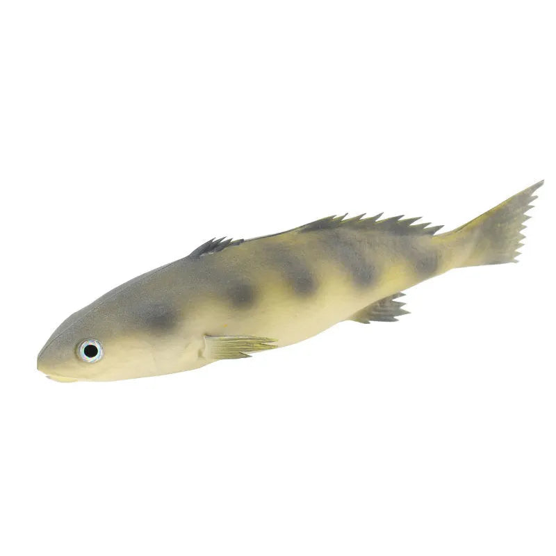 Detailed PU simulated fish ornament in yellow-fin tuna colour on a plain background.