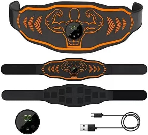 Blue and orange smart EMS massage belt kits with rechargeable host, adjustable strap, and arm muscle pads