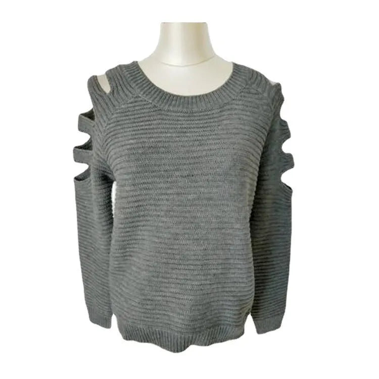 Grey women's long-sleeved knit shirt with round neck and hollow-out crochet pattern detail.