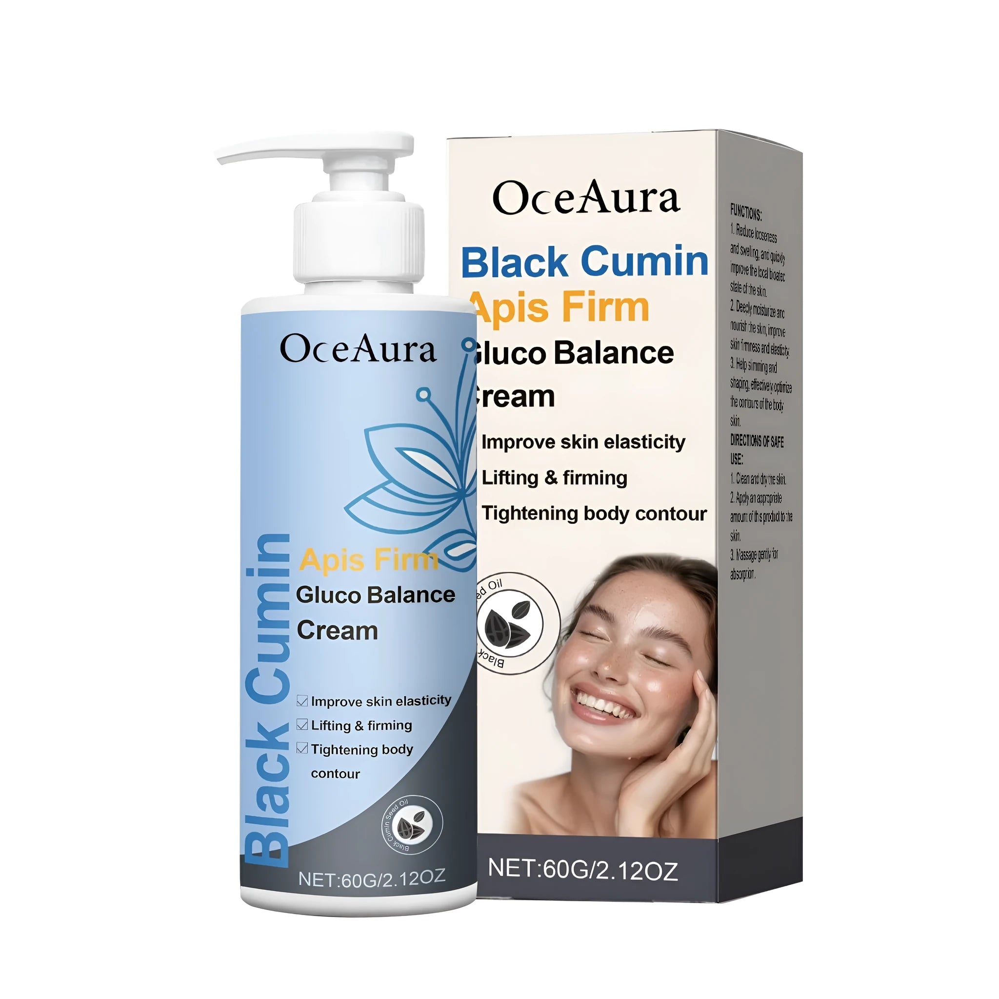 60g tube of black cumin and bee venom slimming cream on a plain background.