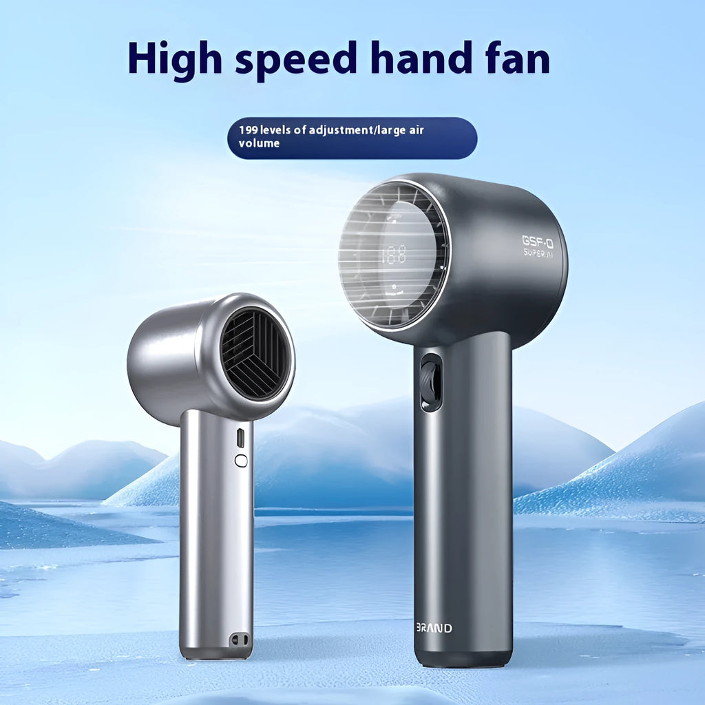 Mini handheld portable fan in Diamond White with knob control and USB data cable for outdoor charging
