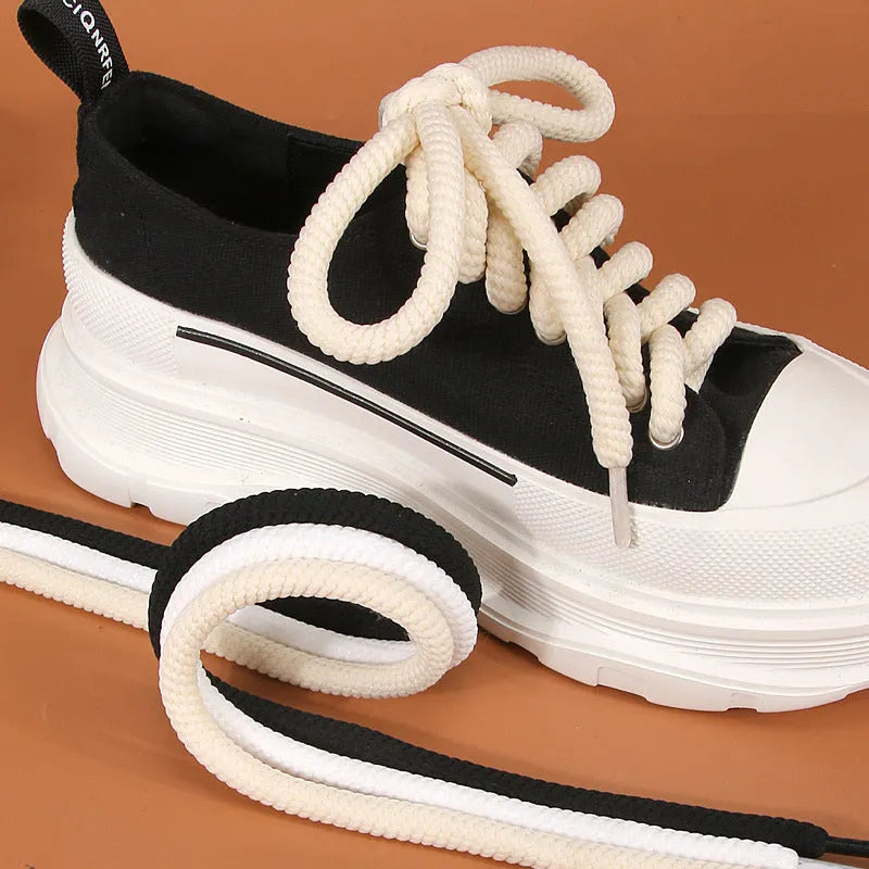 Round woven shoelaces with 10mm diameter in white, beige, and black colours for bread shoes