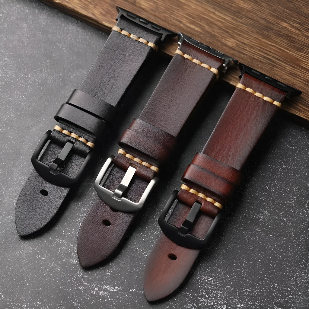 Handmade leather watch strap in brown with a silver stainless steel buckle, 4mm thick ultra first layer cowhide.