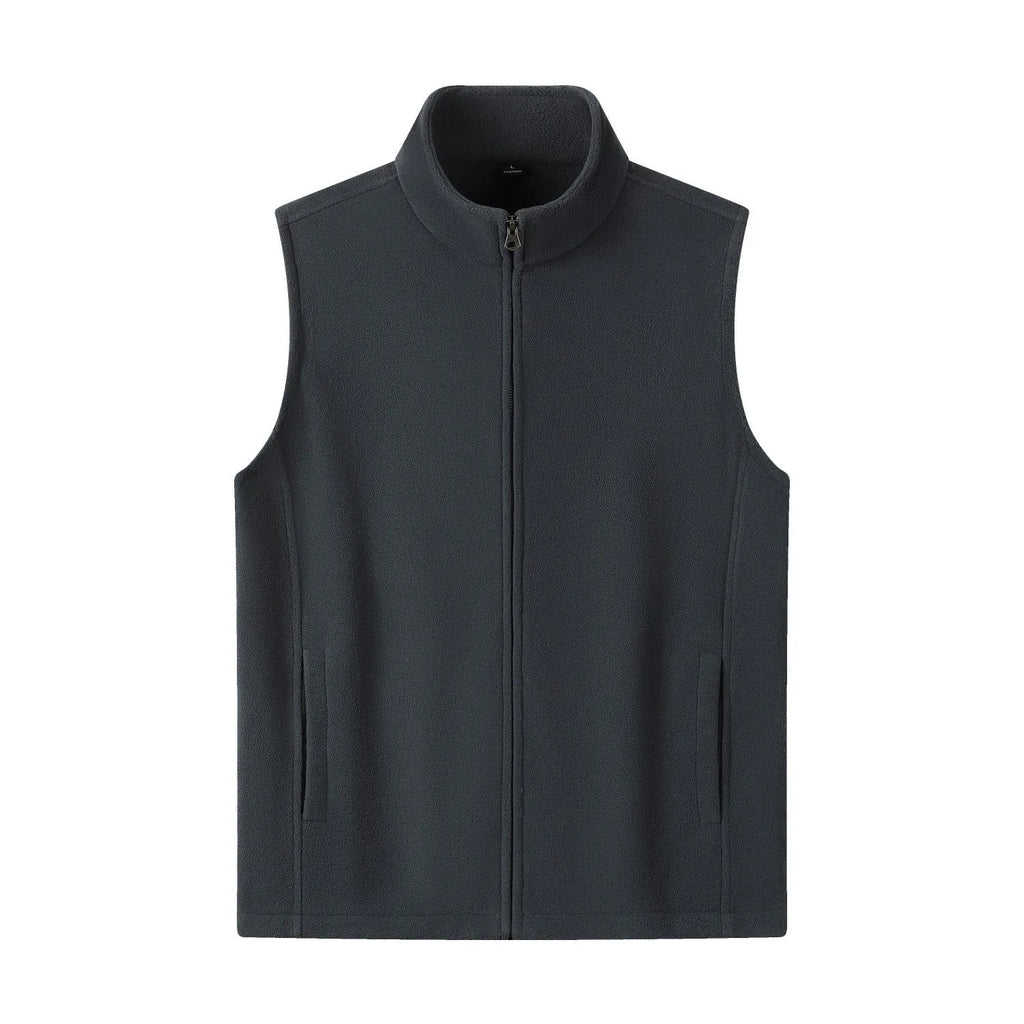 Men's zipper stand collar double-sided fleece cardigan vest in solid colour with side pockets