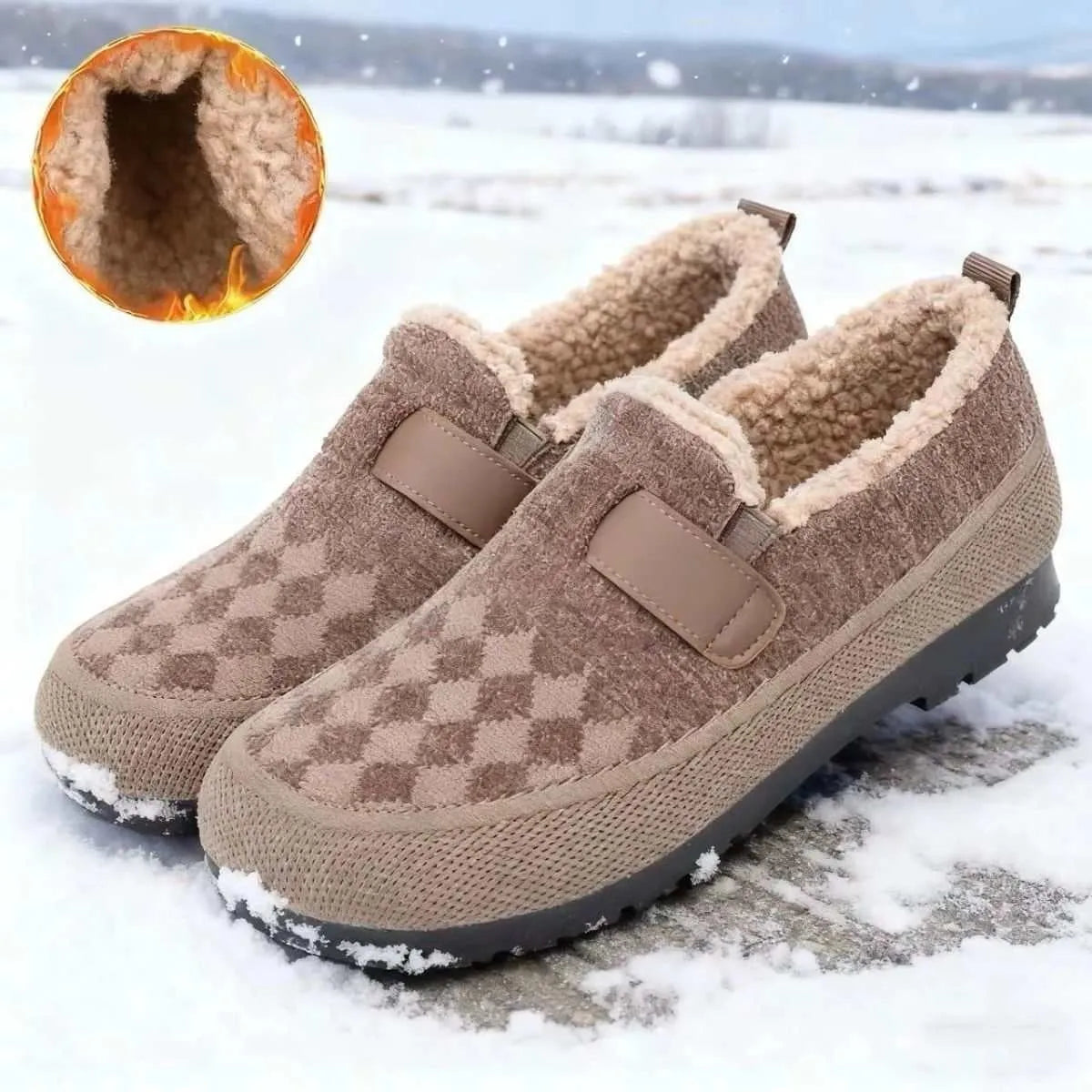 Women's Old Beijing cloth shoes with plaid upper, artificial velboa lining, and flat PVC sole in black, red, or khaki