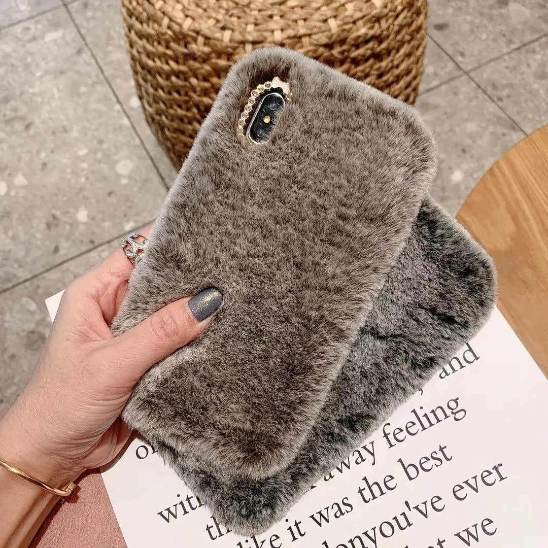 Silicone iPhone back cover case with rhinestones in grey, brown or pink plush shell colour.