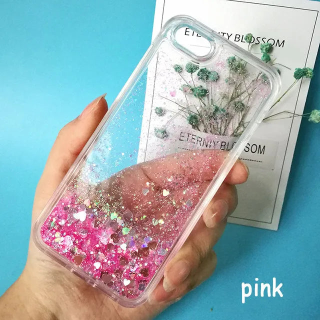 Pink liquid quicksand TPU phone case for Apple iPhone with cartoon animal pattern
