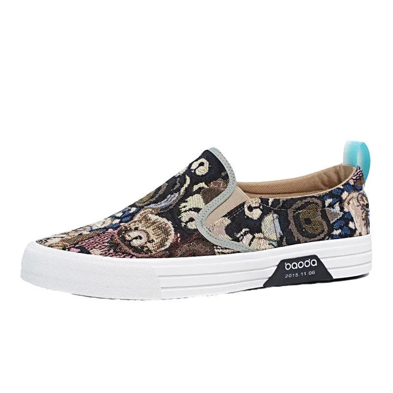 Canvas slip-on sneakers in khaki colour with vulcanised rubber sole and round toe design
