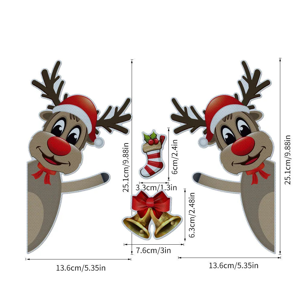 Set of magnetic Christmas stickers with a luminous reflective cartoon elk bell design on a synthetic resin background.