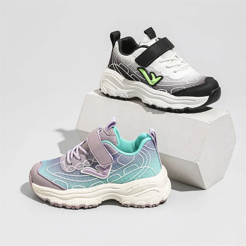 Children's black and purple striped lace-up dad shoes with mesh fabric upper and rubber sole