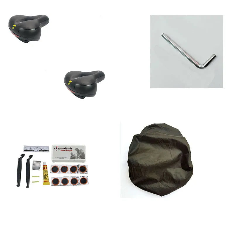 Bicycle cushion with soft silicone saddle and PU leather cover, includes waterproof cover and tools