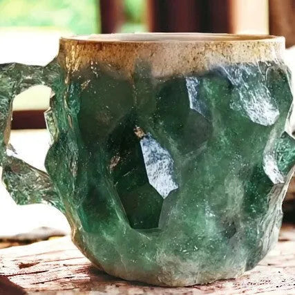 A purple resin coffee mug with a handle, showing a crystal-like structure, on a table.