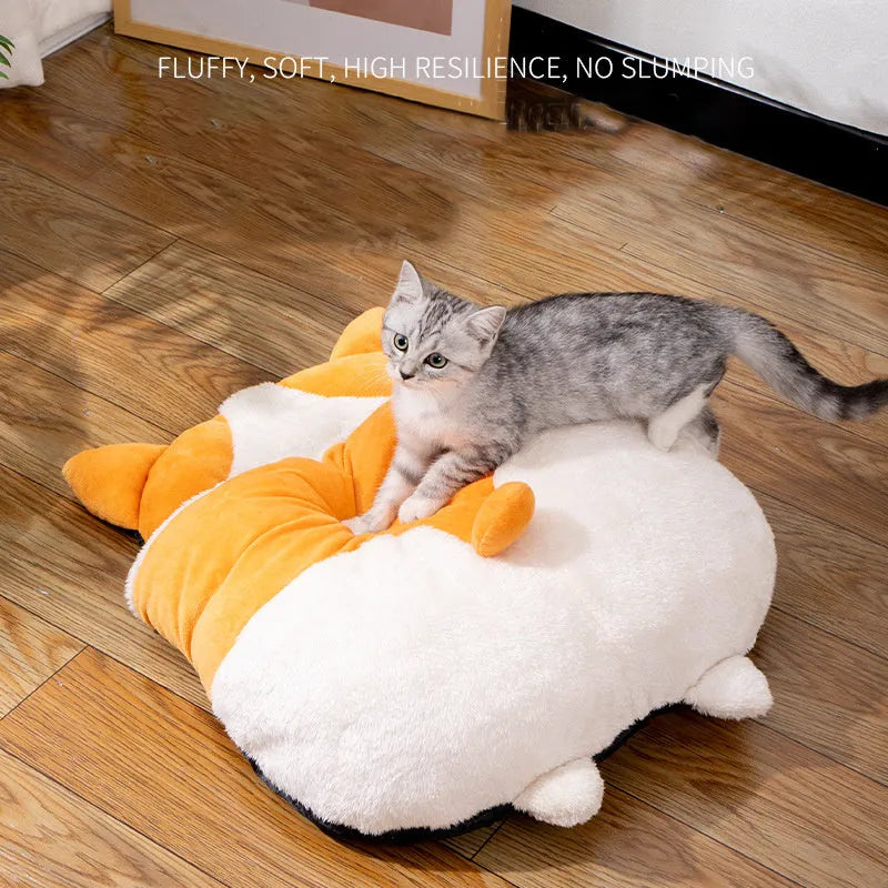 Orange semi-closed cat sleeping bag with plush texture, 65x53x12cm, on a wooden floor