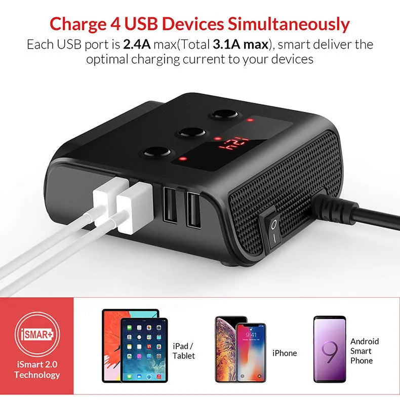 Black ABS car charger with 3 cigarette lighter ports and 4 USB ports for 12V vehicles
