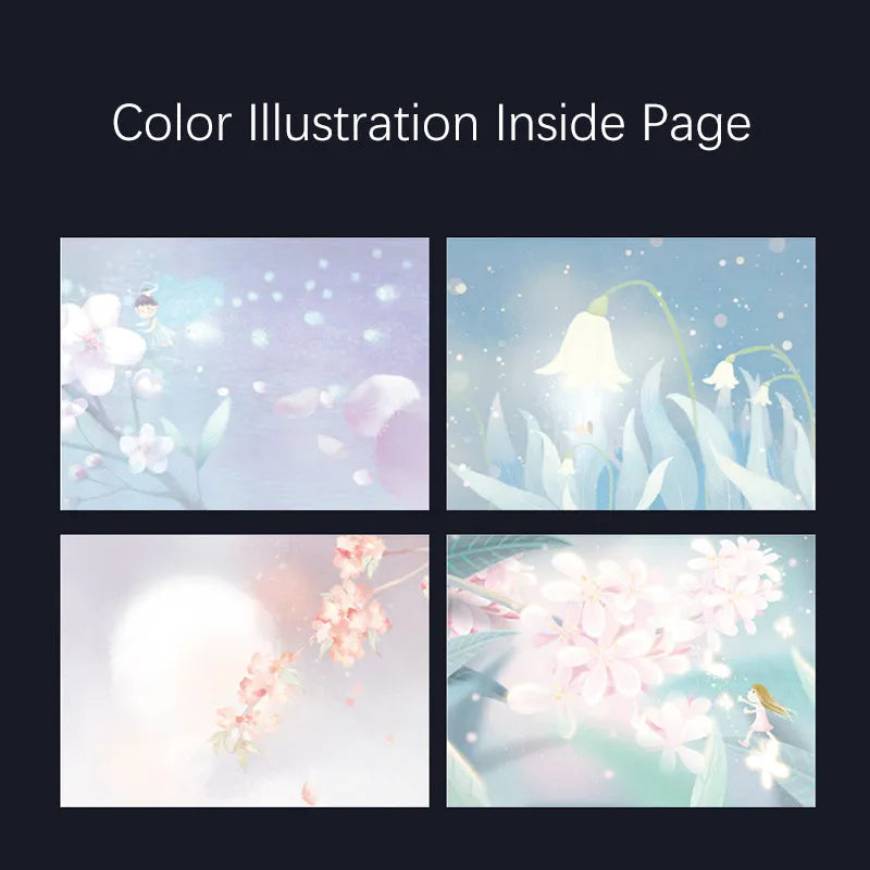 A5 hardback notebook with luminous cover open to show colour illustrated pages.