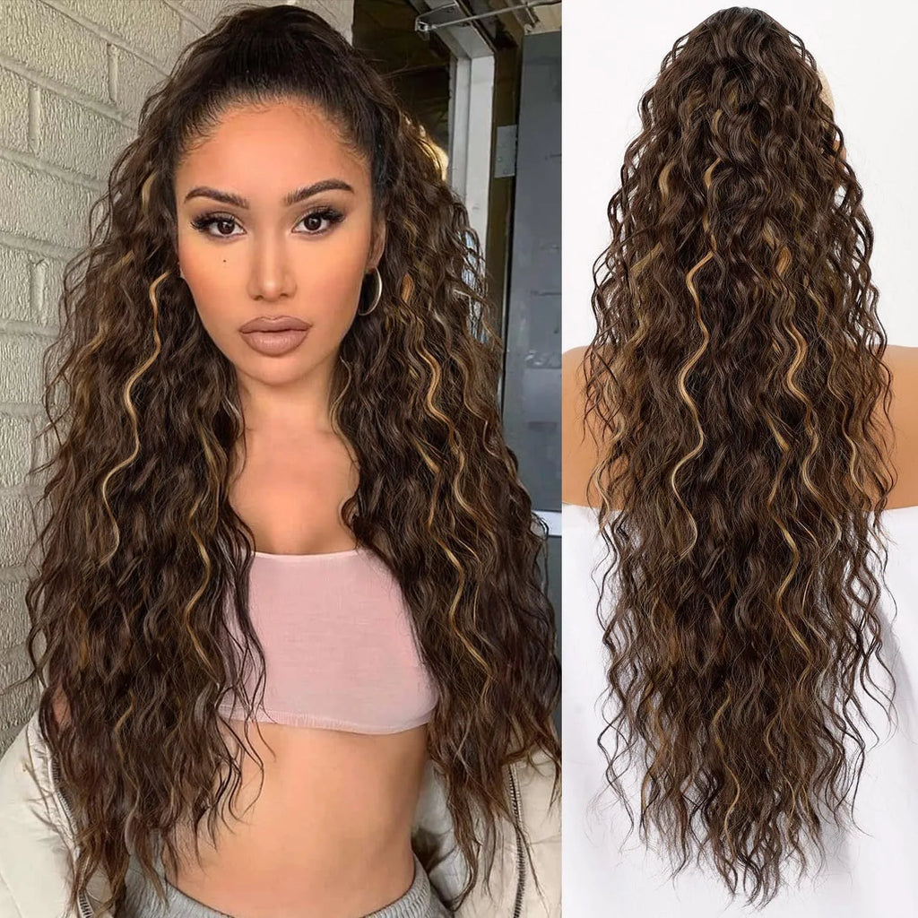Long, fluffy curly synthetic ponytail wig in a high temperature fibre, shown in a 30-inch length.