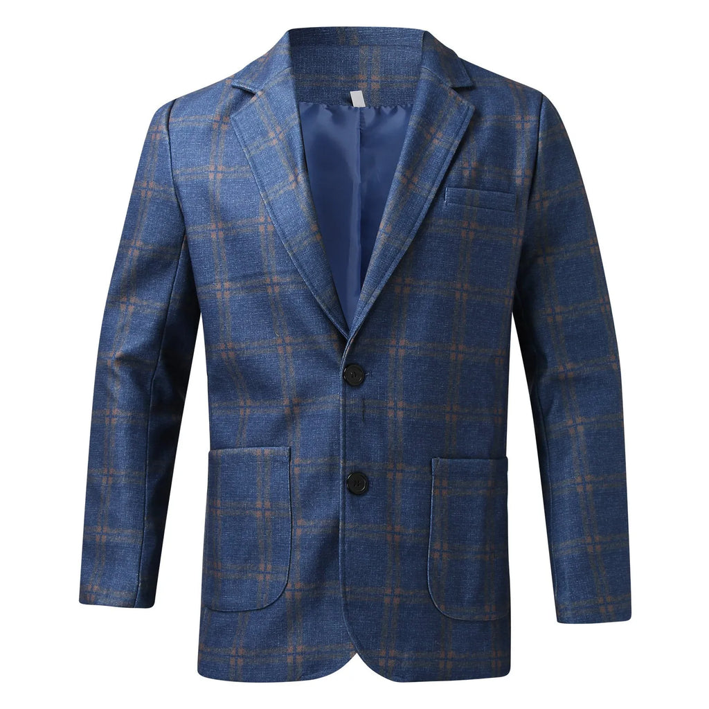 Men's slim fit plaid suit coat in blue plaid with lapel collar and long sleeves for business wear