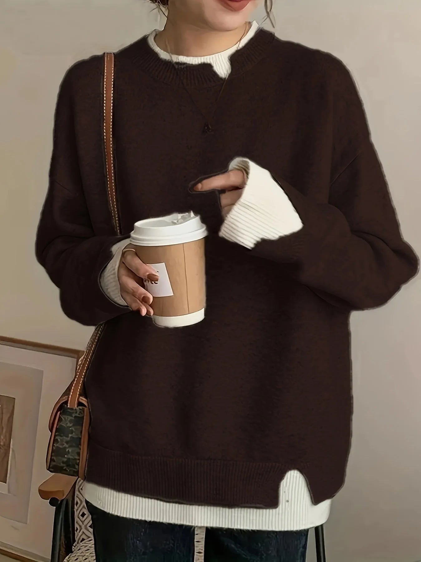 Women's grey round neck sweater made from chenille and spandex fabric