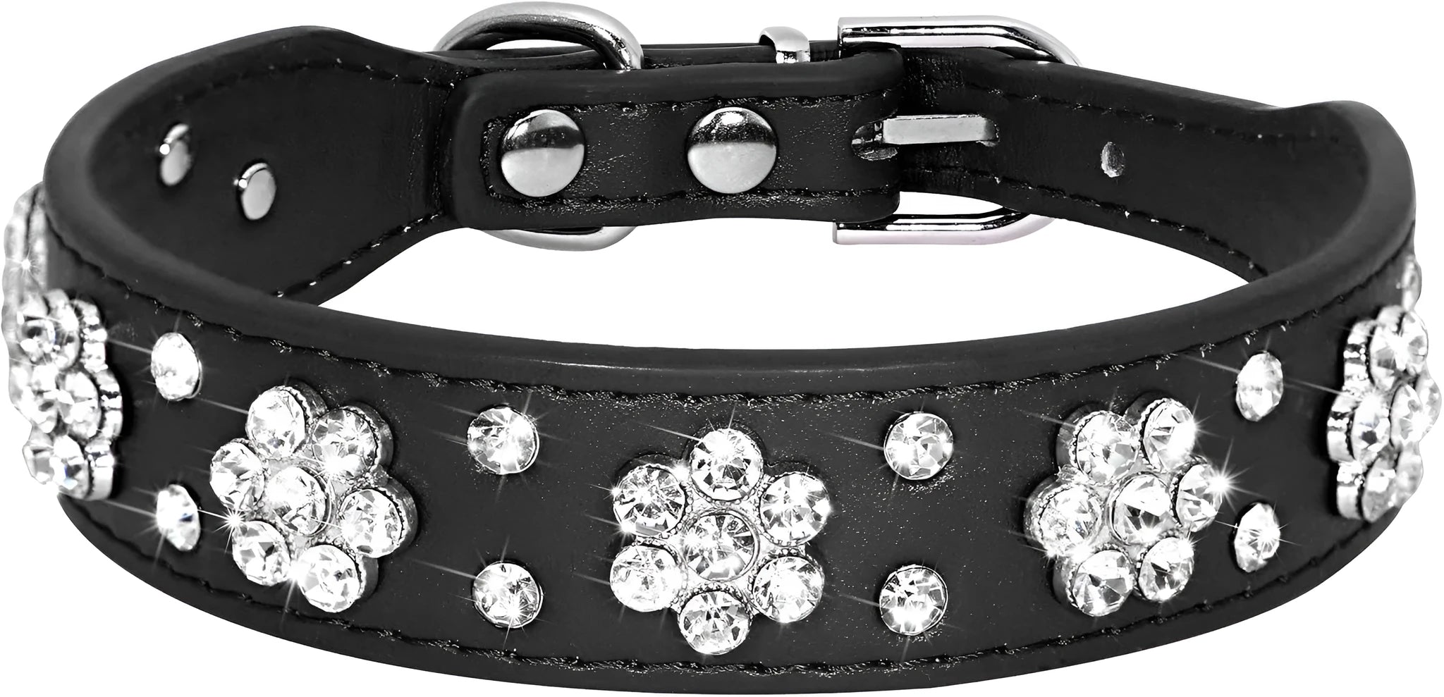 Black PU leather dog collar with studded rhinestone flower pattern and metal D-ring.